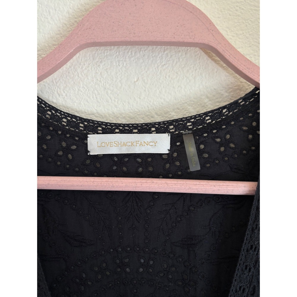 LoveShackFancy Edie Black Cotton Poplin Lace Button Front Midi Dress Tiered Sz M - Picture 5 of 7